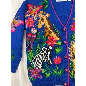 BellePointe Vintage Jungle Animal Embroidered Cardigan Royal Blue Large